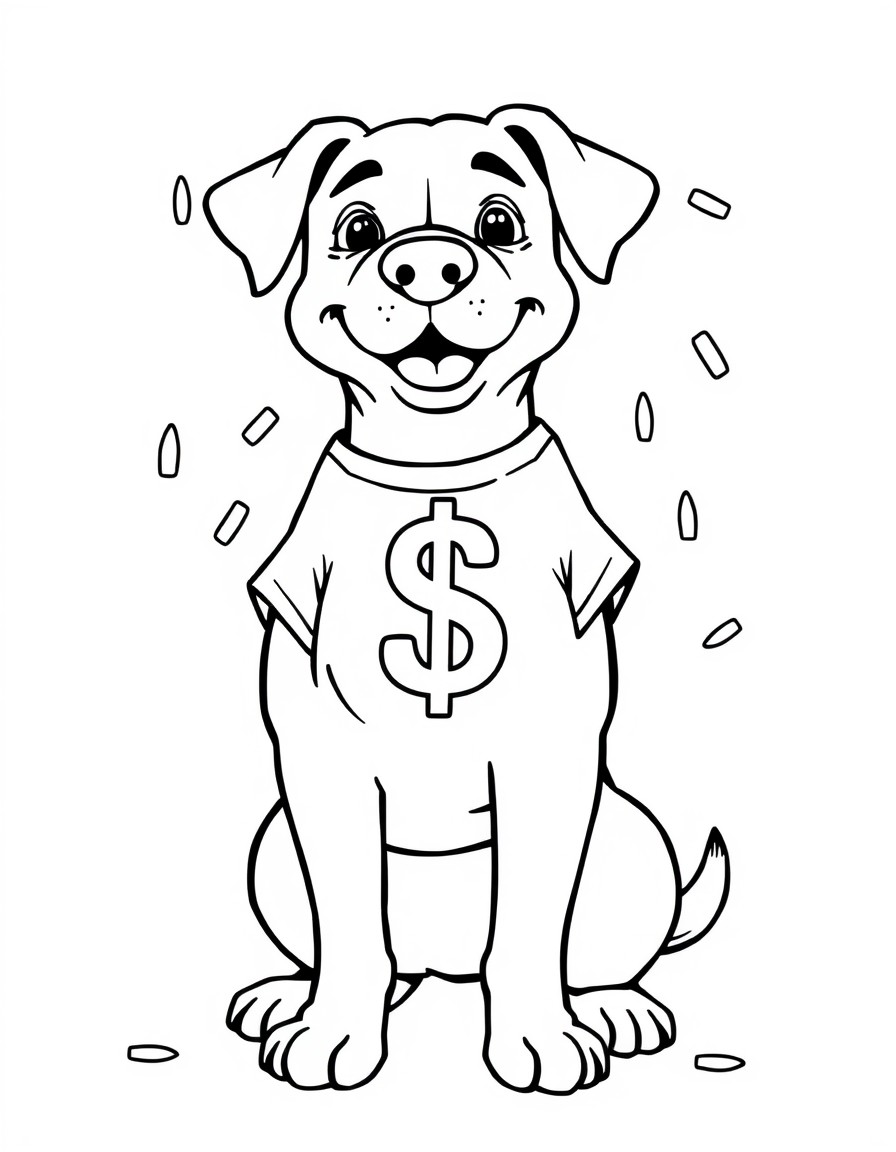create a dog who has lots of money and make dollar sign on t shirt and money is raining