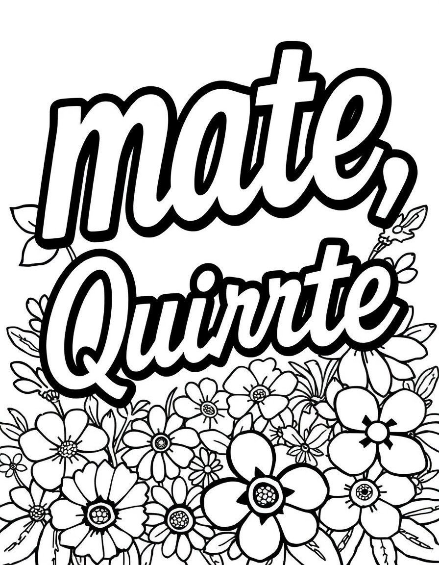 crea una pgina de colorear con las letras para colorear de gran tamao que dicen "mate, Quirete", el fondo de la pgina est compuesta por un patrn de flores atractivas, bonitas y sencillas