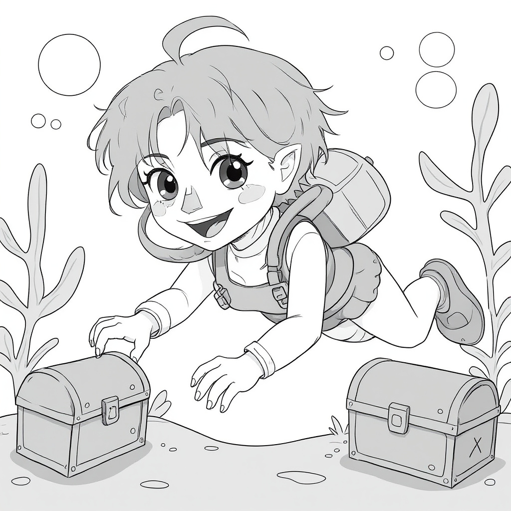 I want to make adjustments to this coloring page, keep the same black and white coloring page but only make the following change LOL Surprise doll scuba diving around sunken treasure chests and gleami