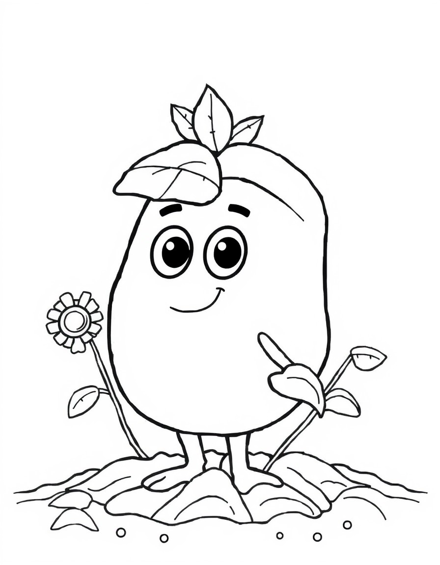 Create a coloring book with a Little caracter that grows out from a soil grain and teaches kids about the diference between time and space