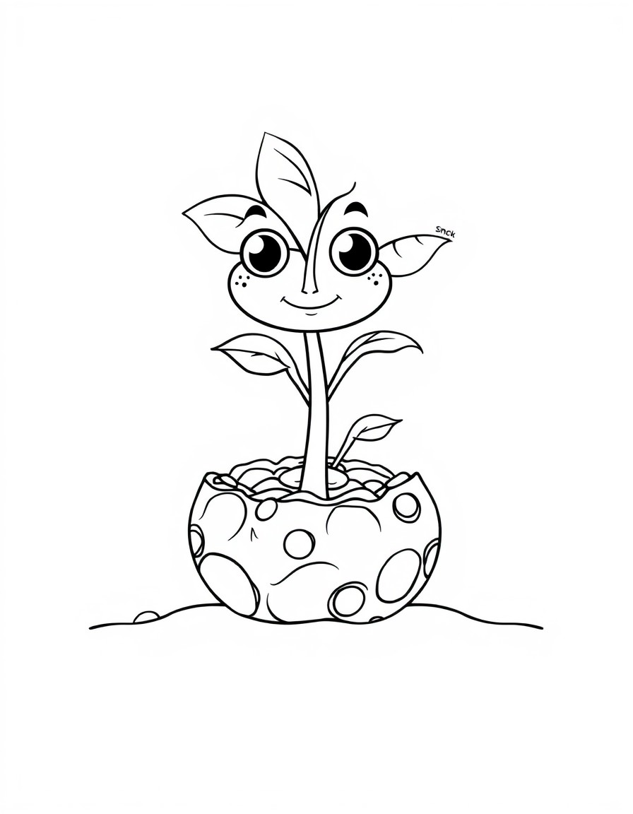 Create a coloring book with a Little caracter that grows out from a soil grain and teaches kids about the diference between time and space