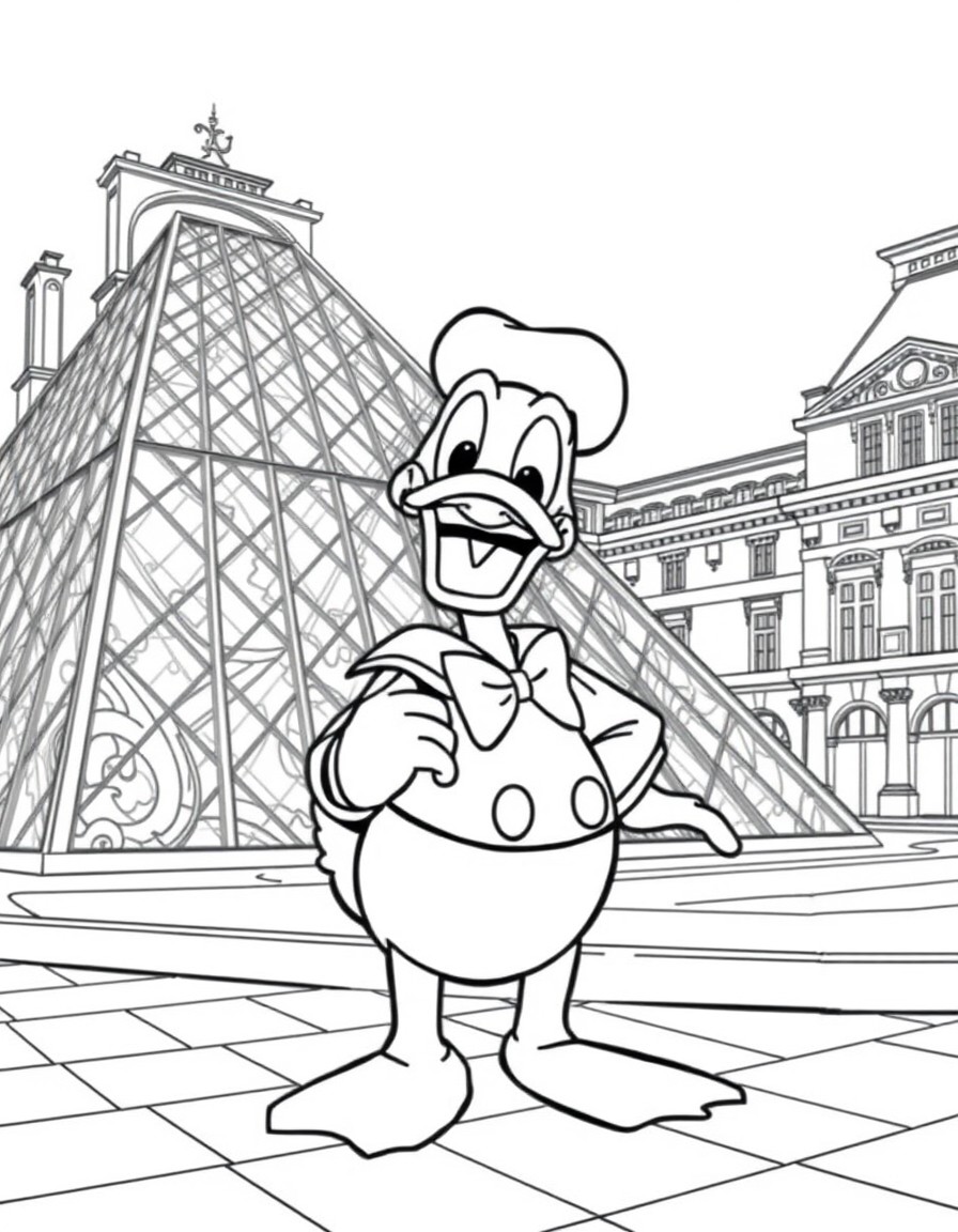 Create a Donald Duck at the outside of the Louvre museum, at Paris