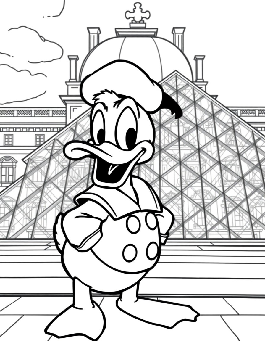 Create a Donald Duck at the outside of the Louvre museum, at Paris