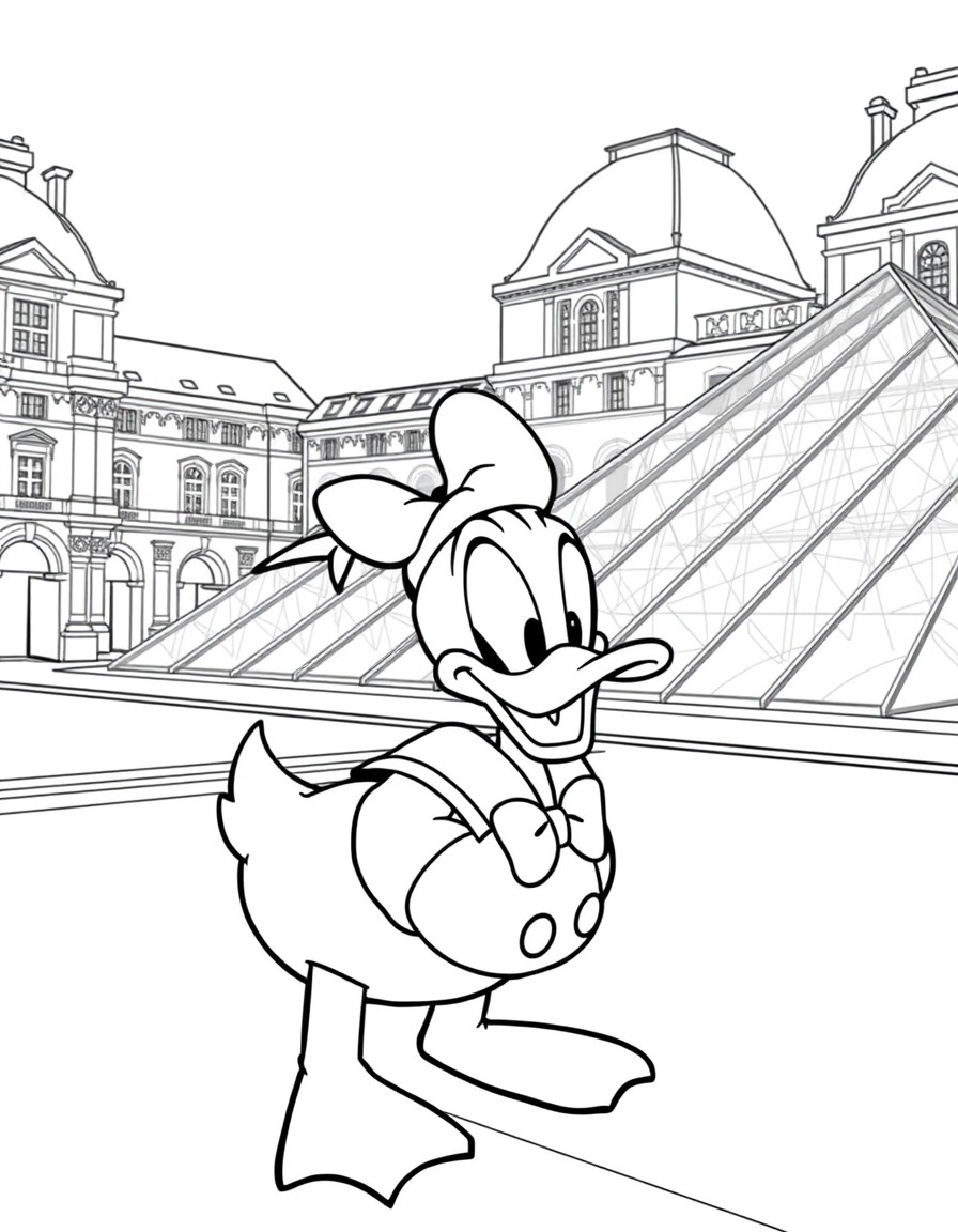 Create a Donald Duck at the outside of the Louvre museum, at Paris