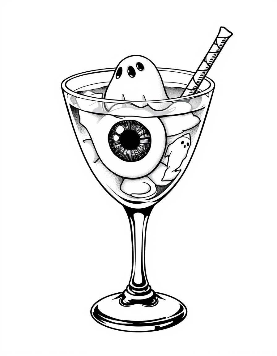 A spooky cocktail glass with a floating eyeball and mini ghosts as ice cubes