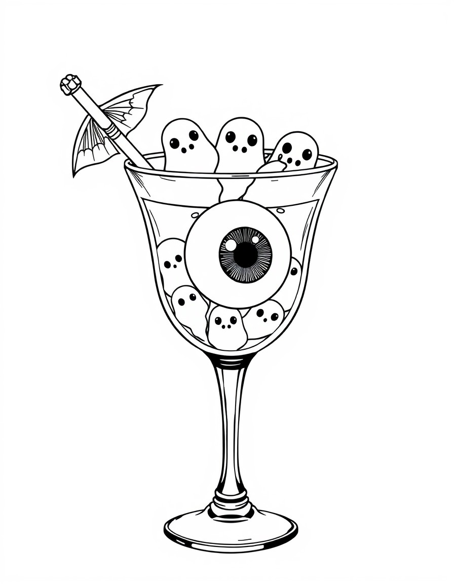 A spooky cocktail glass with a floating eyeball and mini ghosts as ice cubes