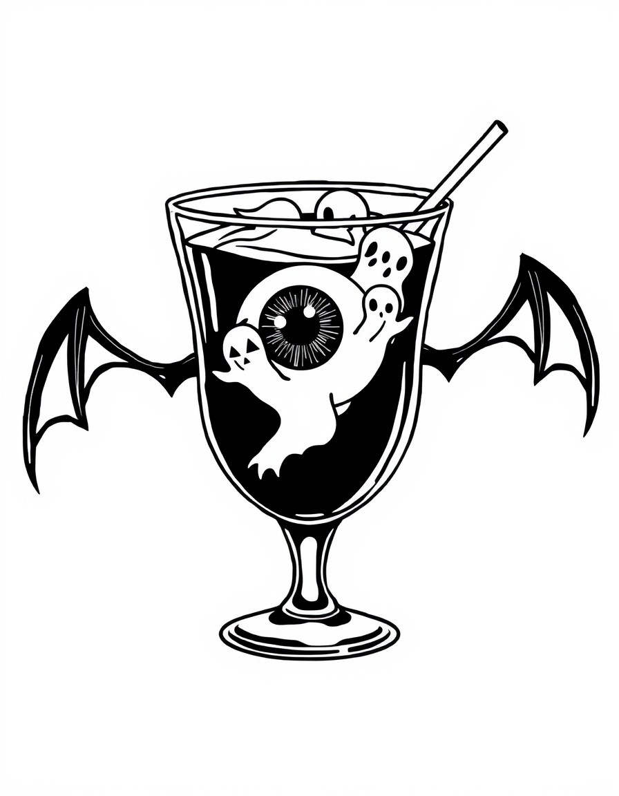 A spooky cocktail glass with a floating eyeball and mini ghosts as ice cubes