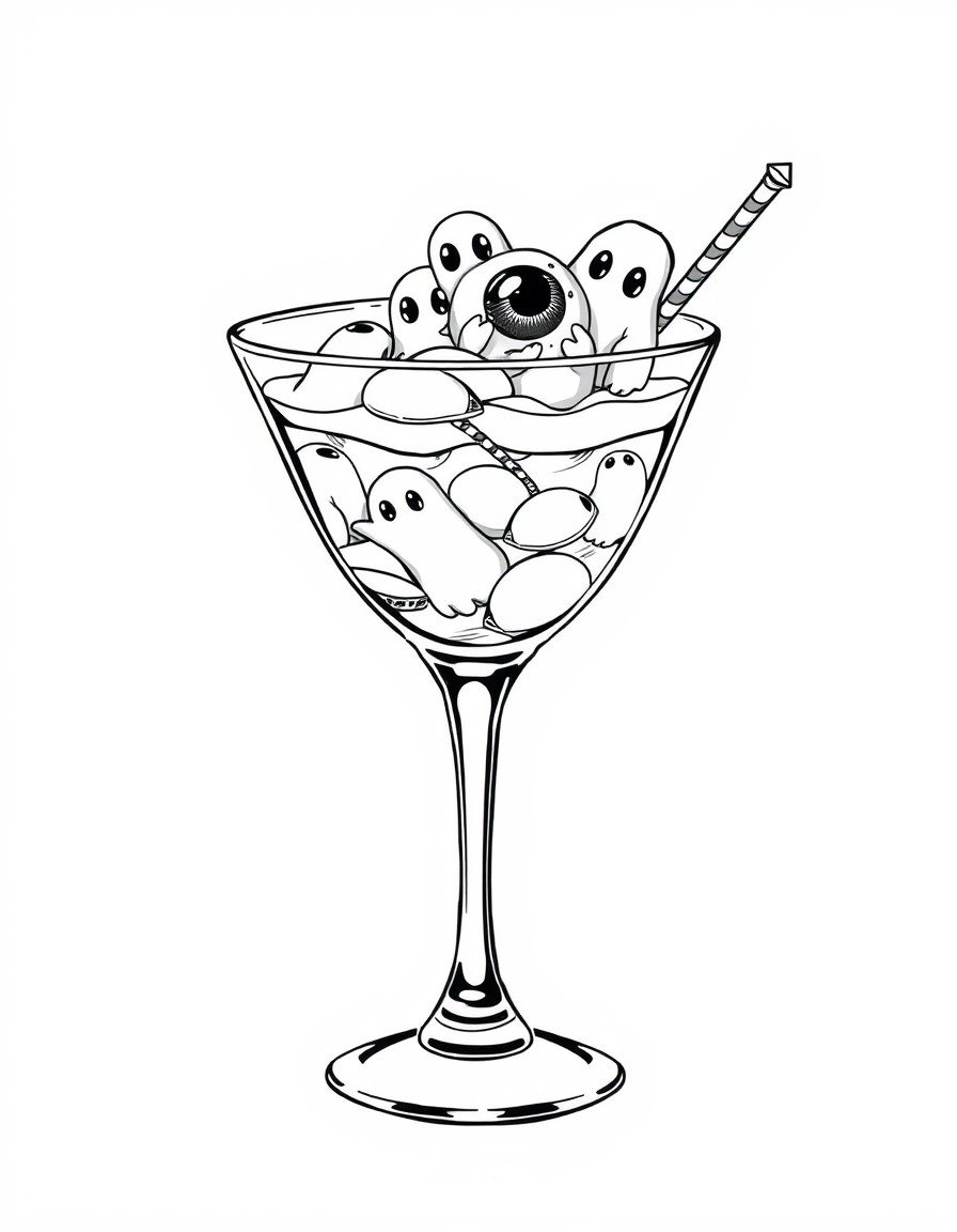 A spooky cocktail glass with a floating eyeball and mini ghosts as ice cubes