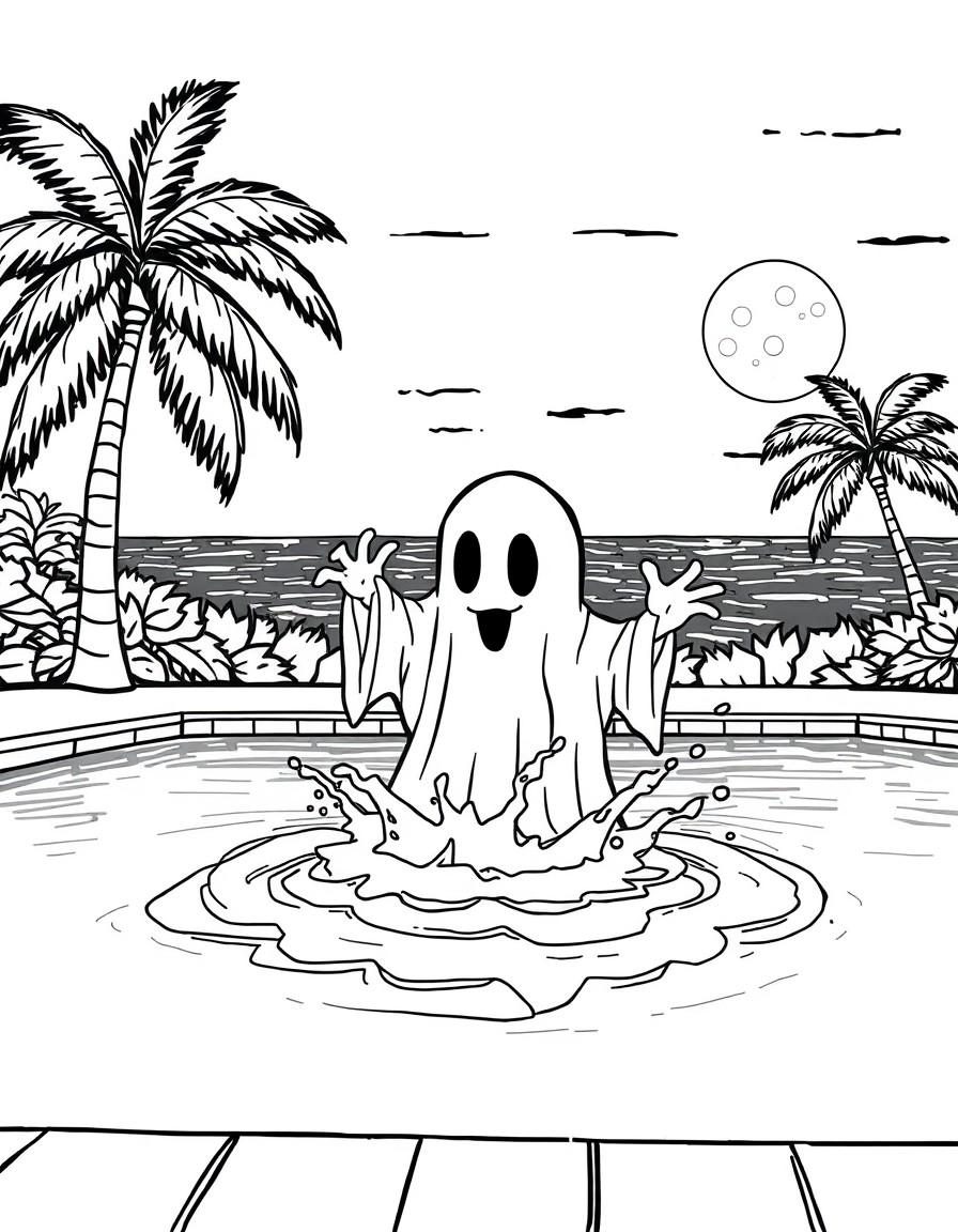 A ghostly figure splashing in a swimming pool set on a summer night, with palm trees and moonlit waves in the background.