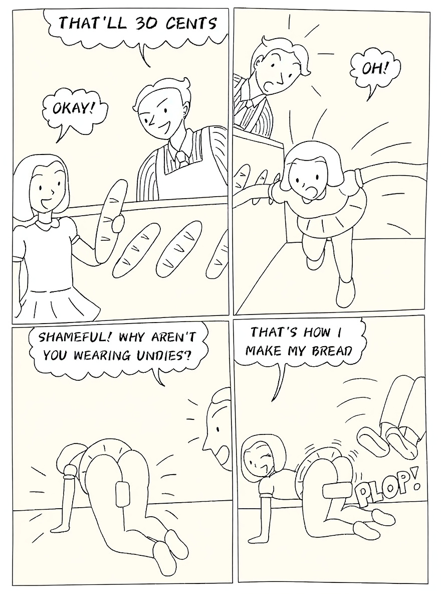 I want to make adjustments to this coloring page, keep the same black and white coloring page but only make the following change Panel 1 		Background Pale cream wall with a hint of tiled bakery detail