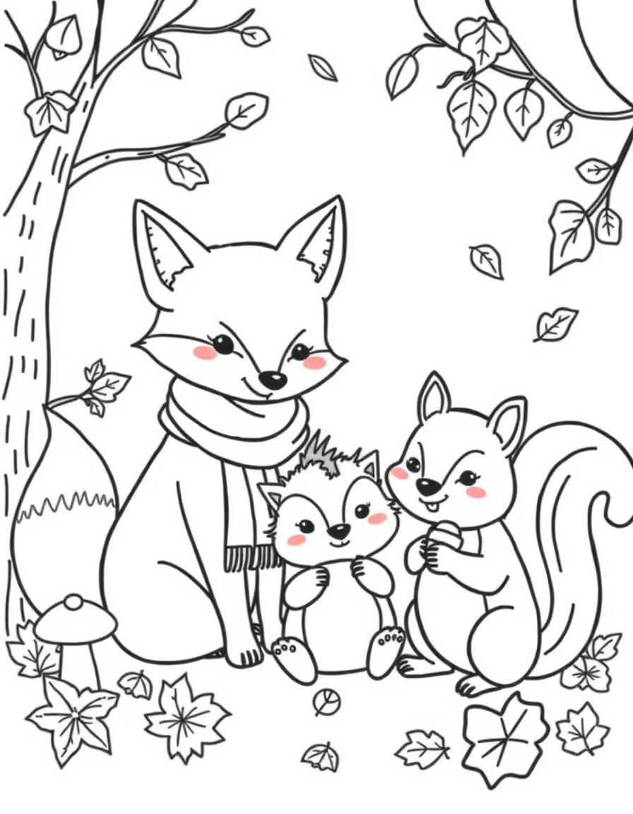 Create a cozy woodland scene with a playful fox wearing a scarf a little hedgehog holding a cup of hot cocoa and a cheerful squirrel holding an acorn surrounded by autumn leaves and mushrooms. Add a s