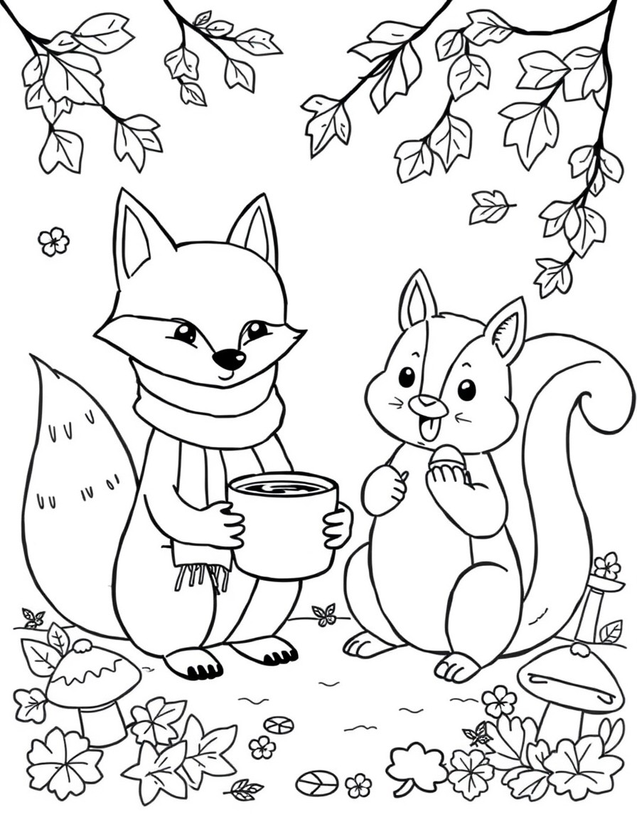 Create a cozy woodland scene with a playful fox wearing a scarf a little hedgehog holding a cup of hot cocoa and a cheerful squirrel holding an acorn surrounded by autumn leaves and mushrooms. Add a s