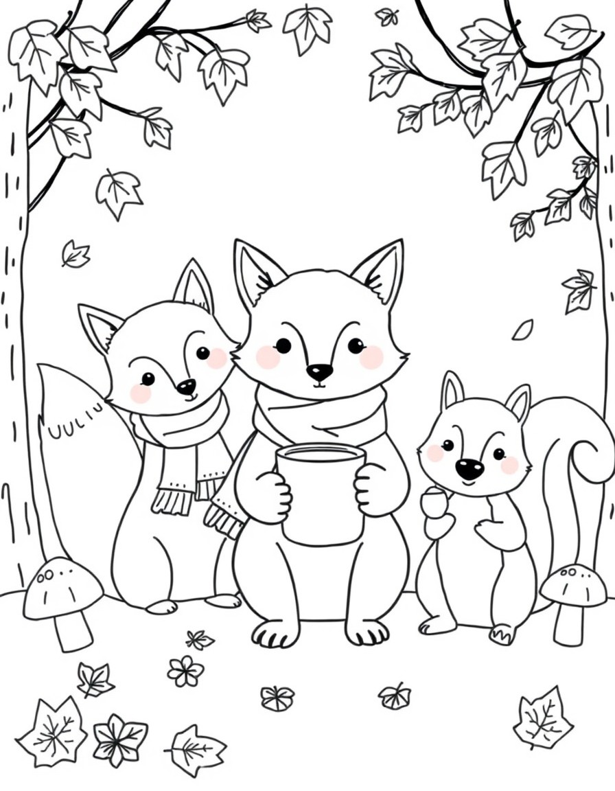 Create a cozy woodland scene with a playful fox wearing a scarf a little hedgehog holding a cup of hot cocoa and a cheerful squirrel holding an acorn surrounded by autumn leaves and mushrooms. Add a s