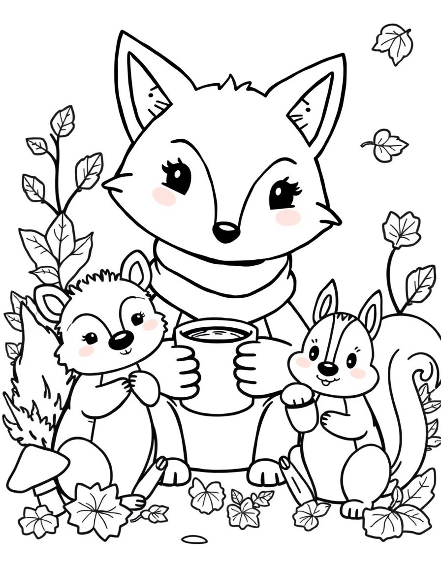 Create a cozy woodland scene with a playful fox wearing a scarf a little hedgehog holding a cup of hot cocoa and a cheerful squirrel holding an acorn surrounded by autumn leaves and mushrooms. Add a s