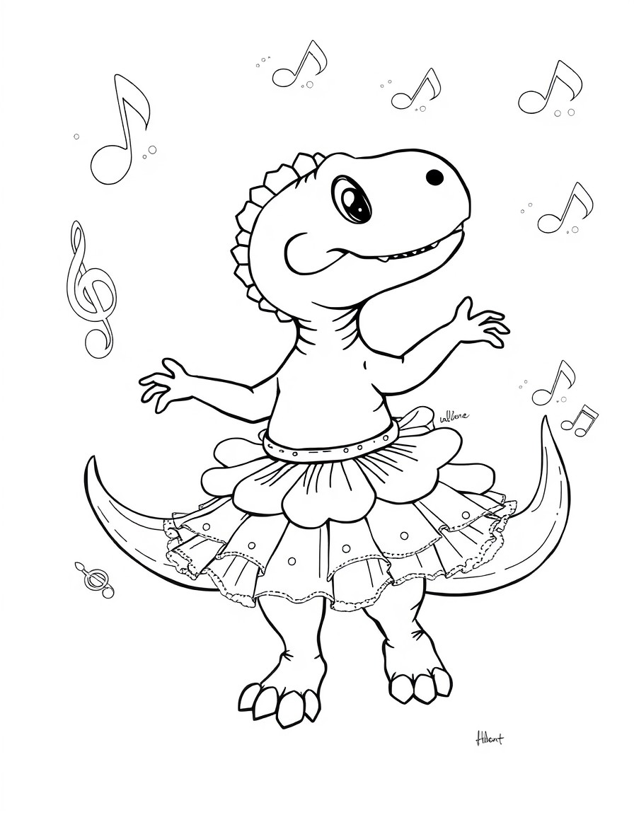 A baby dinosaur practicing ballet with sparkly tutus and musical notes