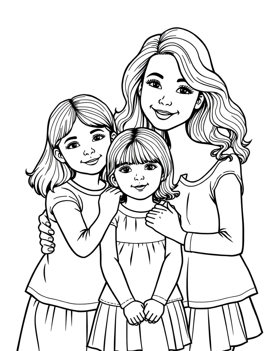 please create a coloring page with a 28 year old aunt with her 3 and 4 year old nieces. One niece has straight hair and the other wavy