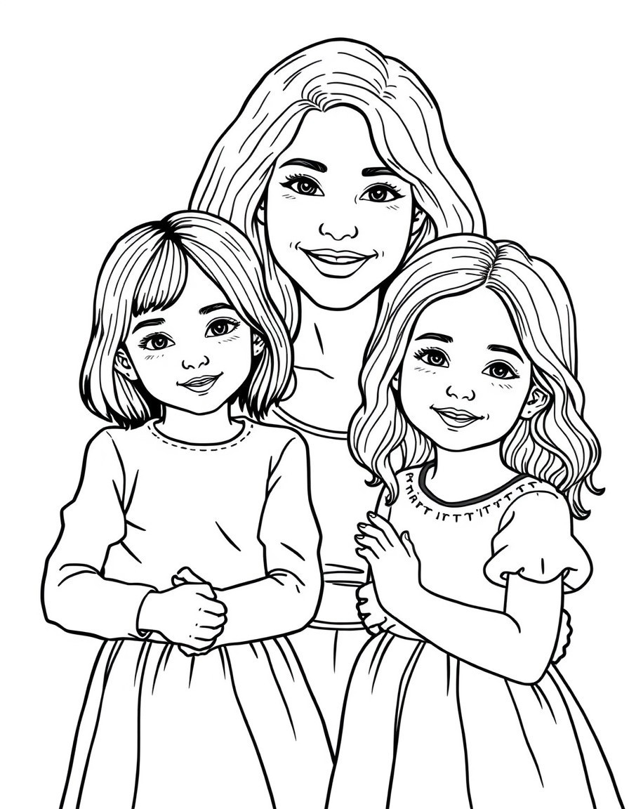 please create a coloring page with a 28 year old aunt with her 3 and 4 year old nieces. One niece has straight hair and the other wavy