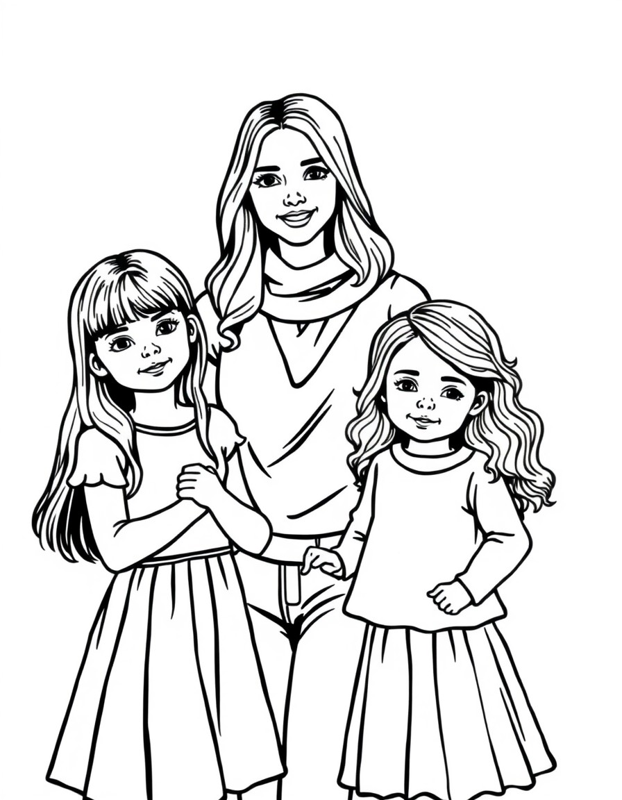 please create a coloring page with a 28 year old aunt with her 3 and 4 year old nieces. One niece has straight hair and the other wavy