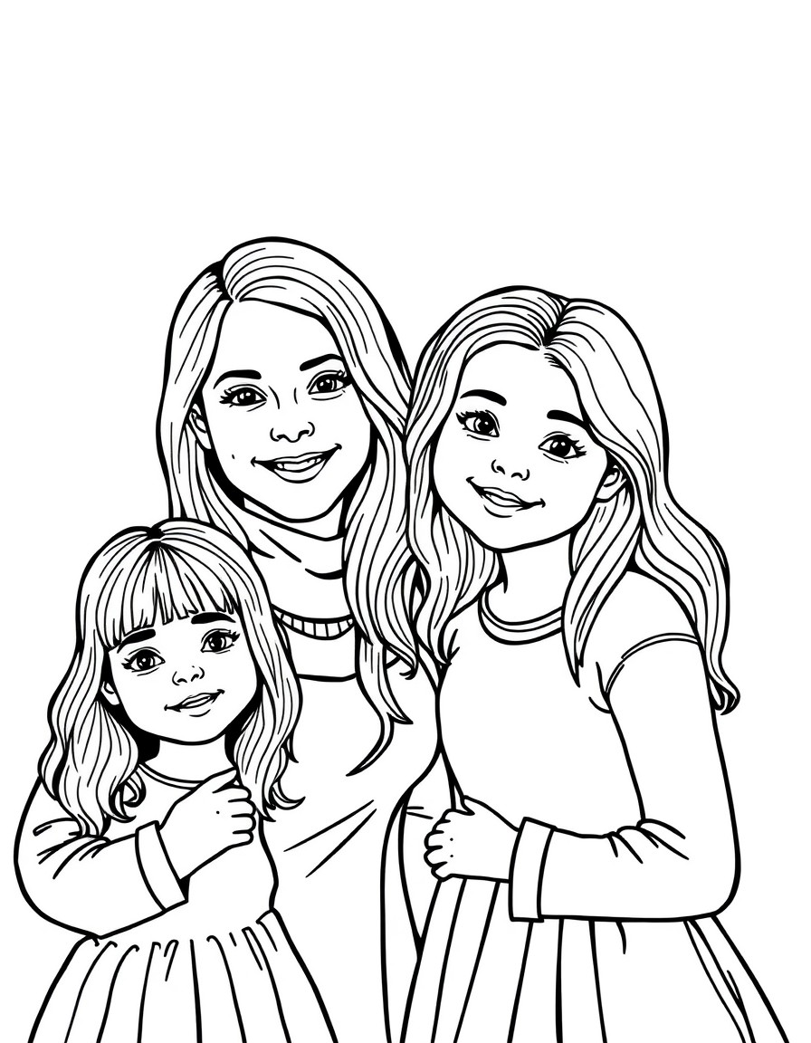 please create a coloring page with a 28 year old aunt with her 3 and 4 year old nieces. One niece has straight hair and the other wavy
