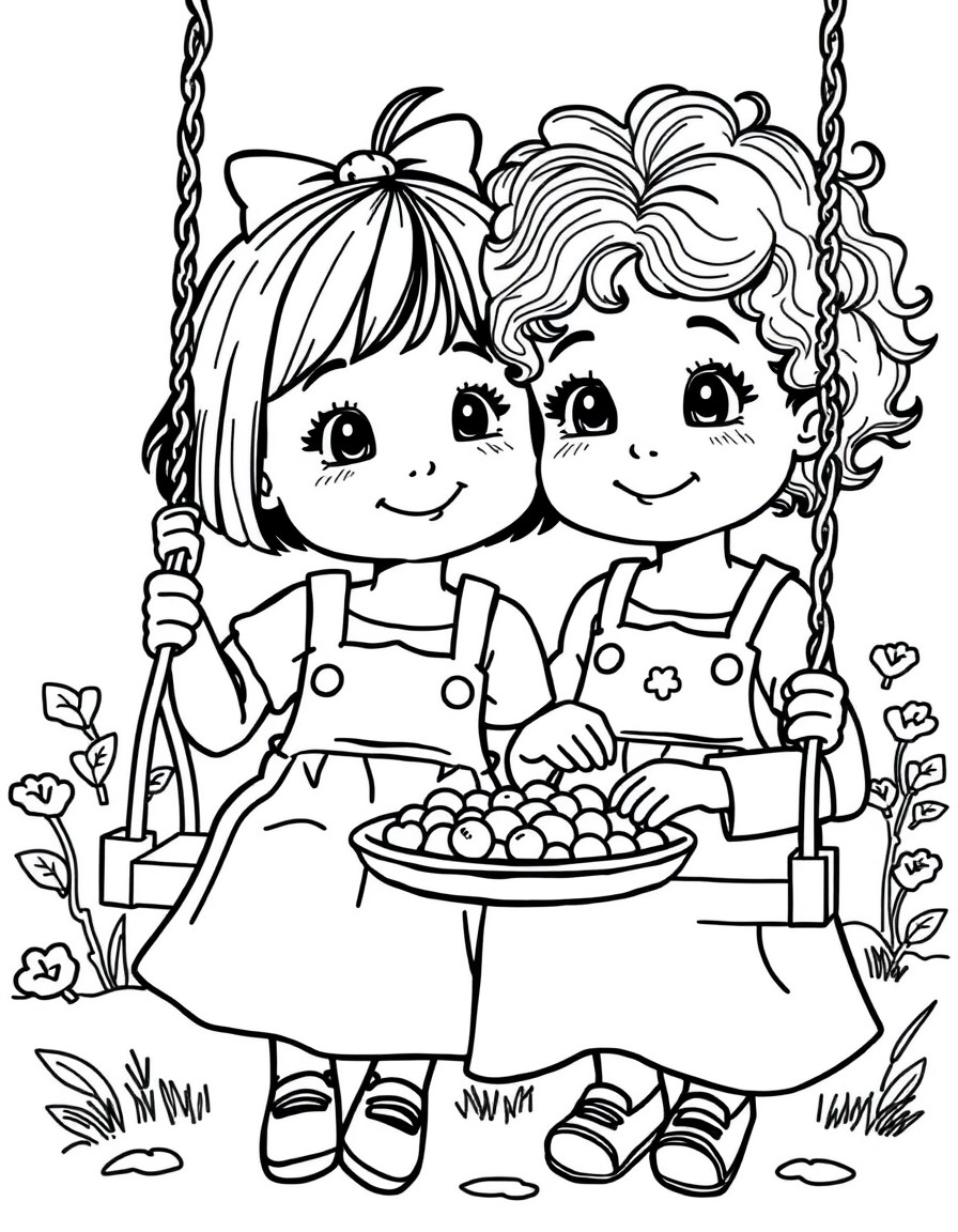 Please create 5 coloring pages that include 2 sisters, one is 3 years old with straight short hair and the other is 4 years old with medium wavy hair. they love swininging on swings, baking with their