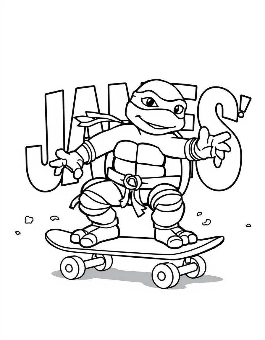 A ninja turtle on a skateboard and the text 'JAMES' in the background"