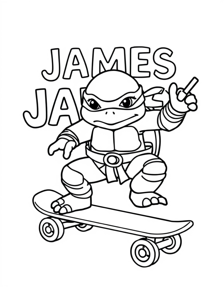 A ninja turtle on a skateboard and the text 'JAMES' in the background"