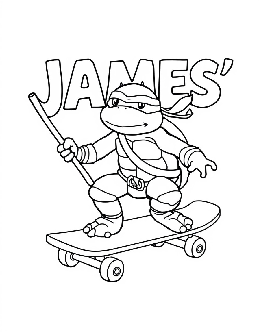 A ninja turtle on a skateboard and the text 'JAMES' in the background"