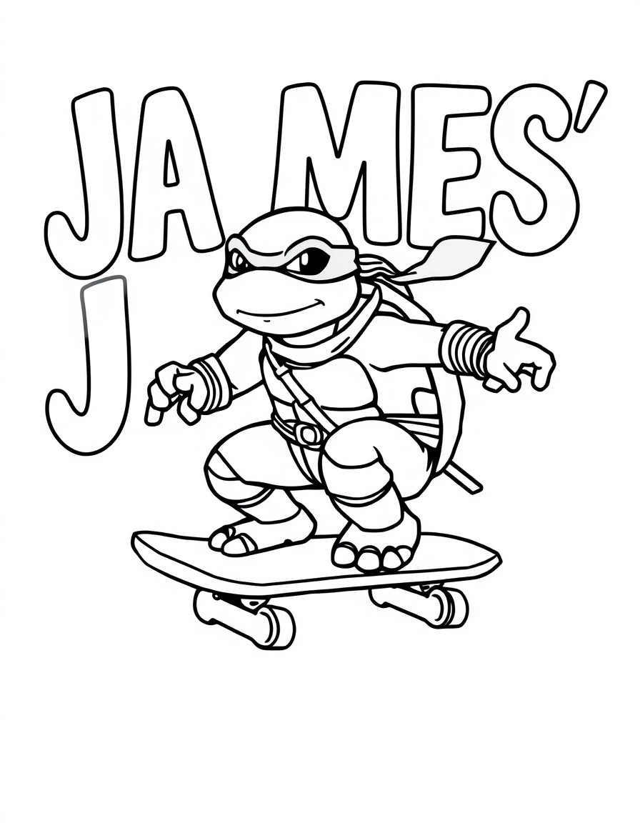 A ninja turtle on a skateboard and the text 'JAMES' in the background"