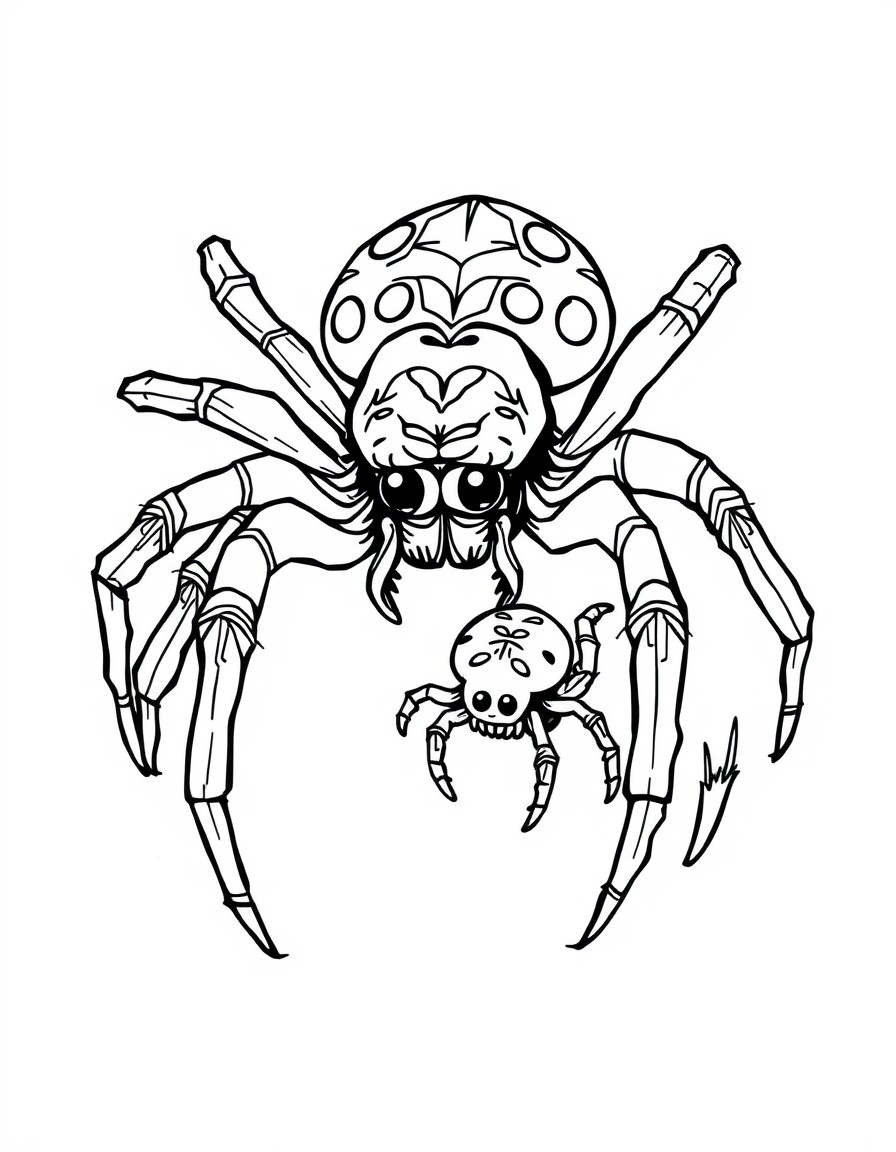 Mama spider taking care of her cute little spider child