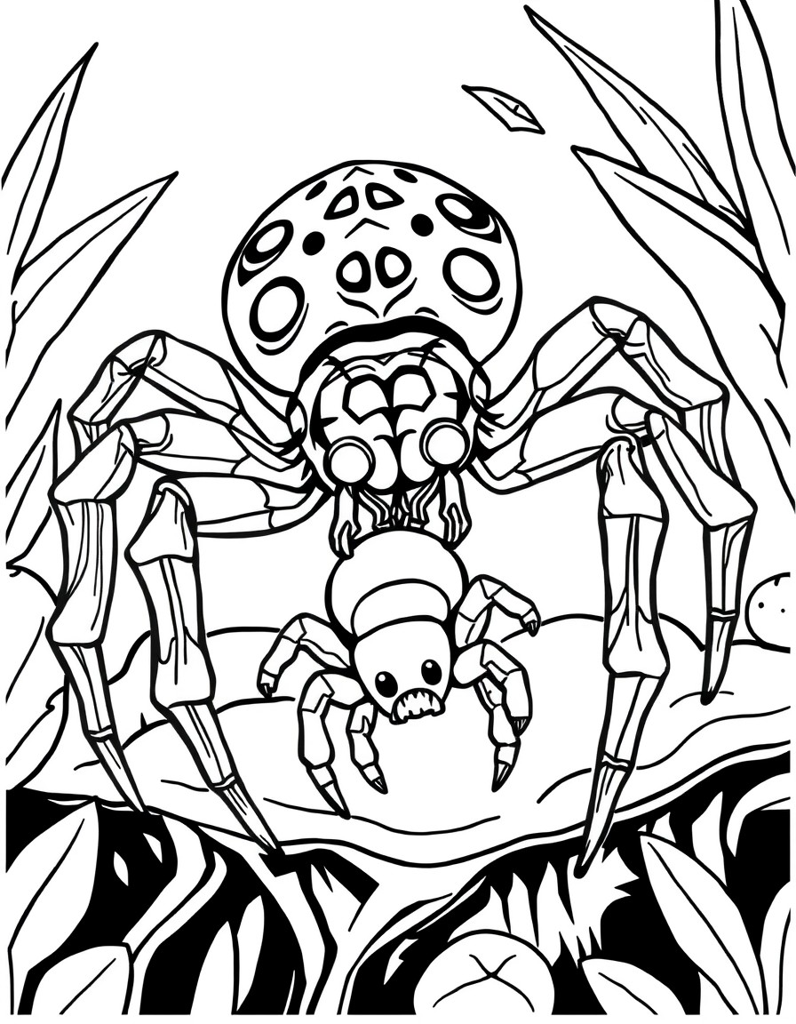 Mama spider taking care of her cute little spider child