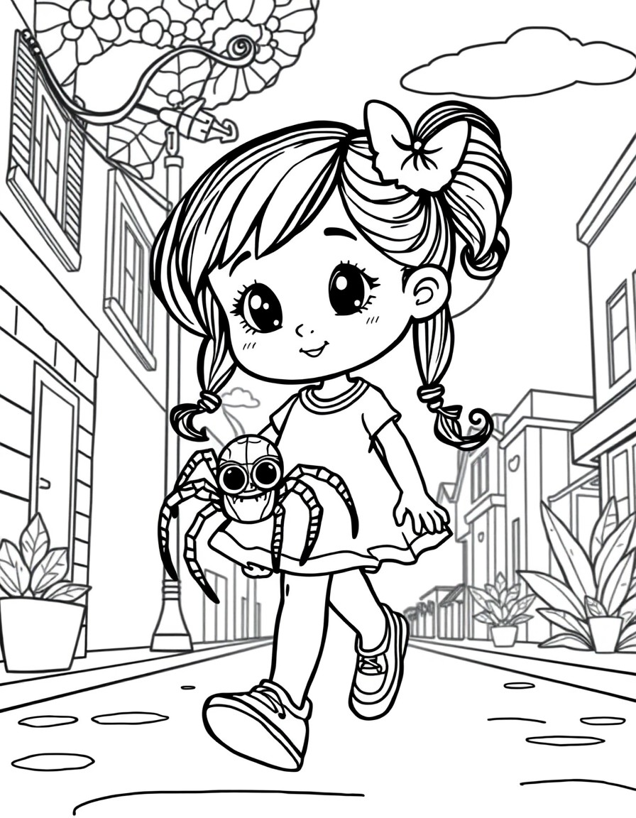 cute girl who ist friends with cute spider baby, walking down the streets into sun down