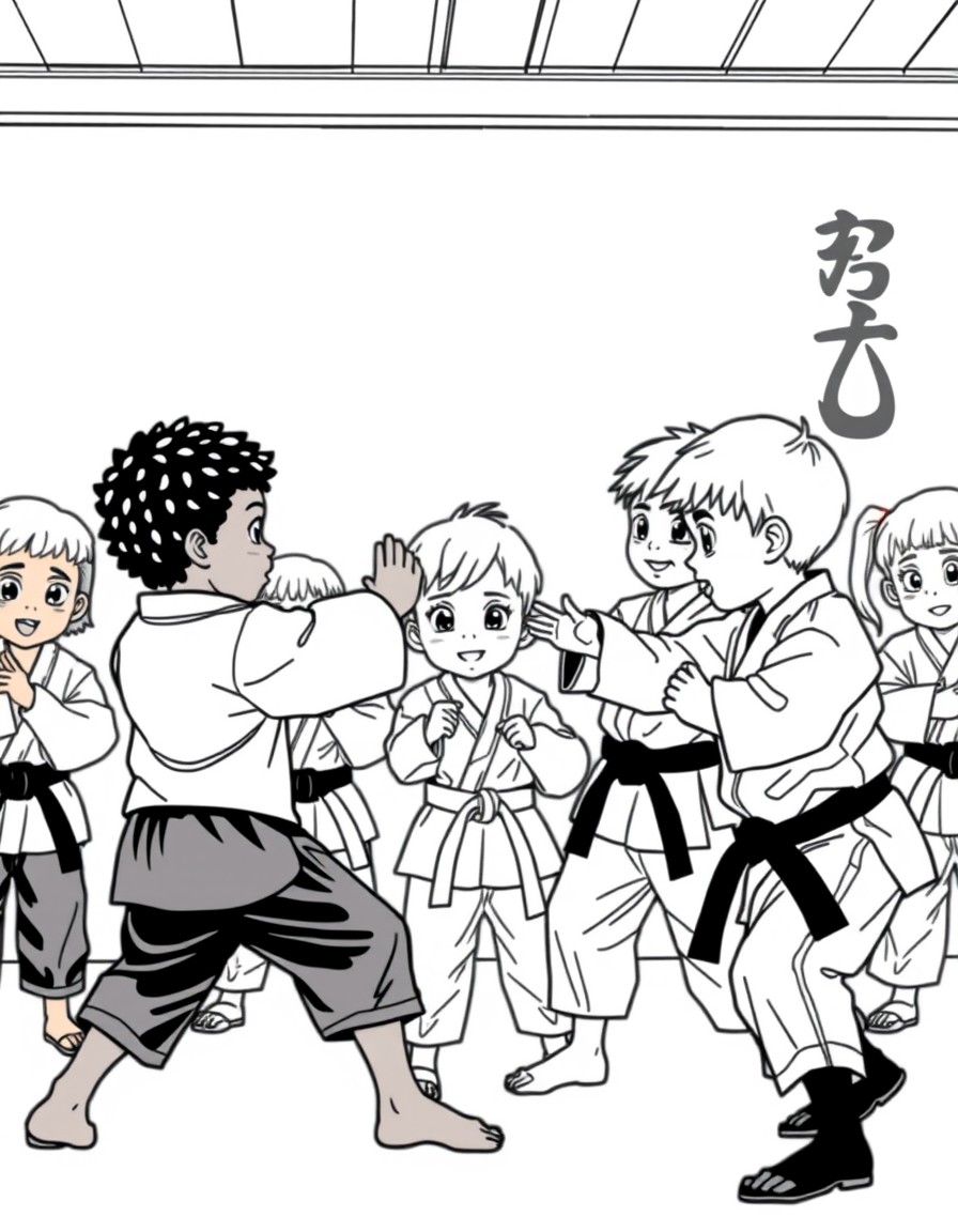 A mixed race group of children in a martial arts class