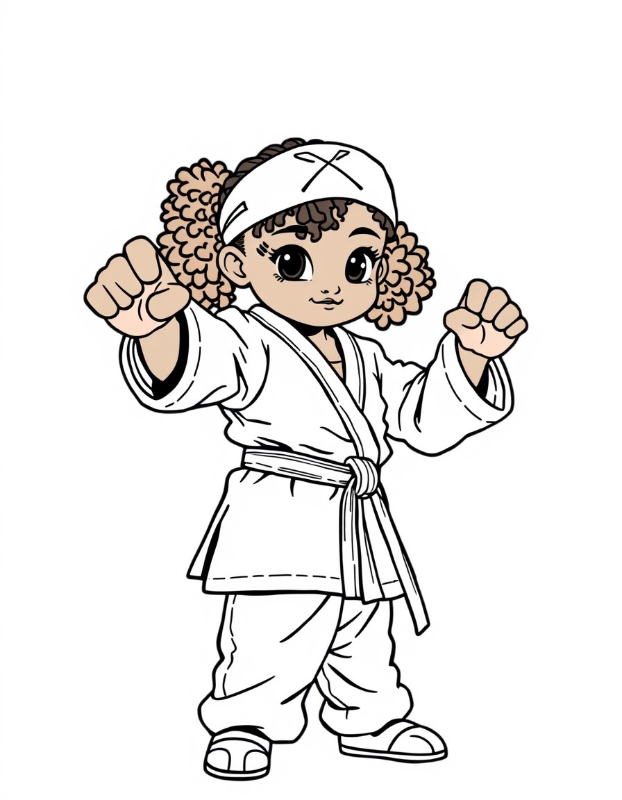 An African American girl in a martial arts uniform saying no to a bully