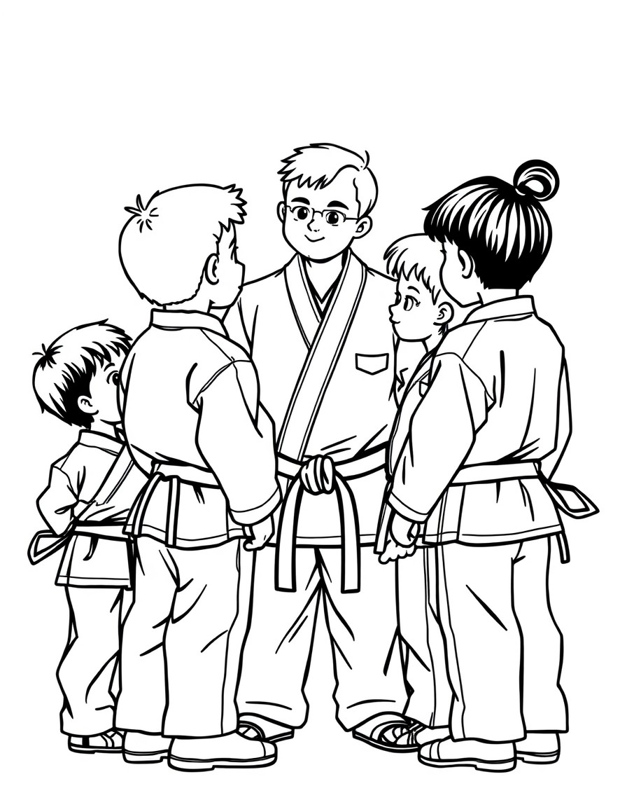 A group of children in martial arts uniforms listening to a teacher in a martial arts uniform