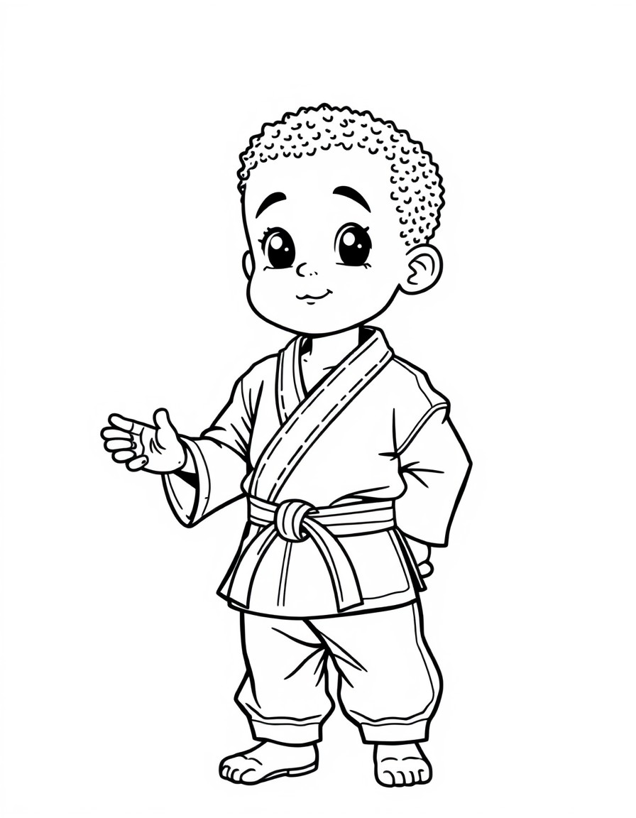 An African-American child in a martial arts uniform being respectful
