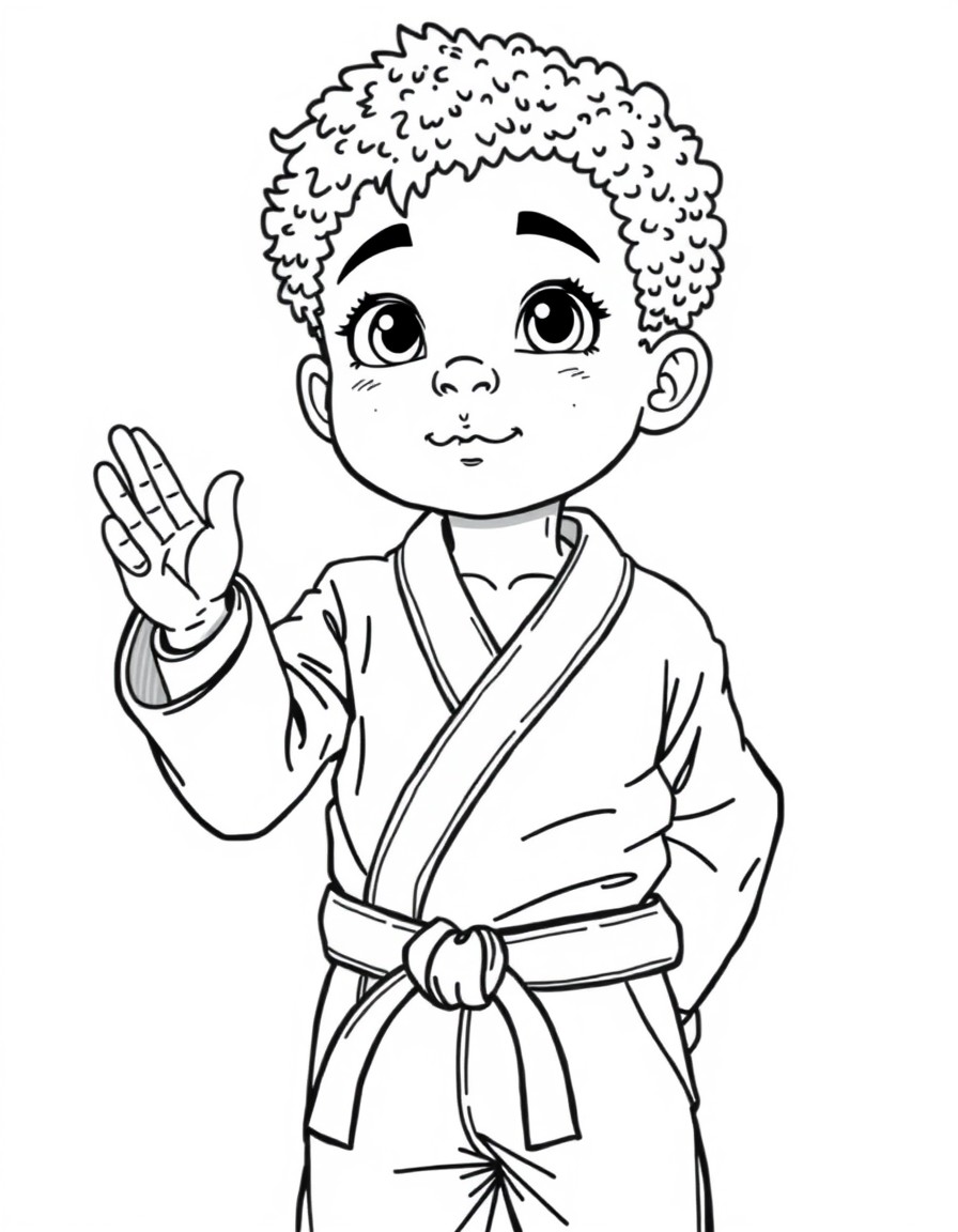 An African-American child in a martial arts uniform being respectful