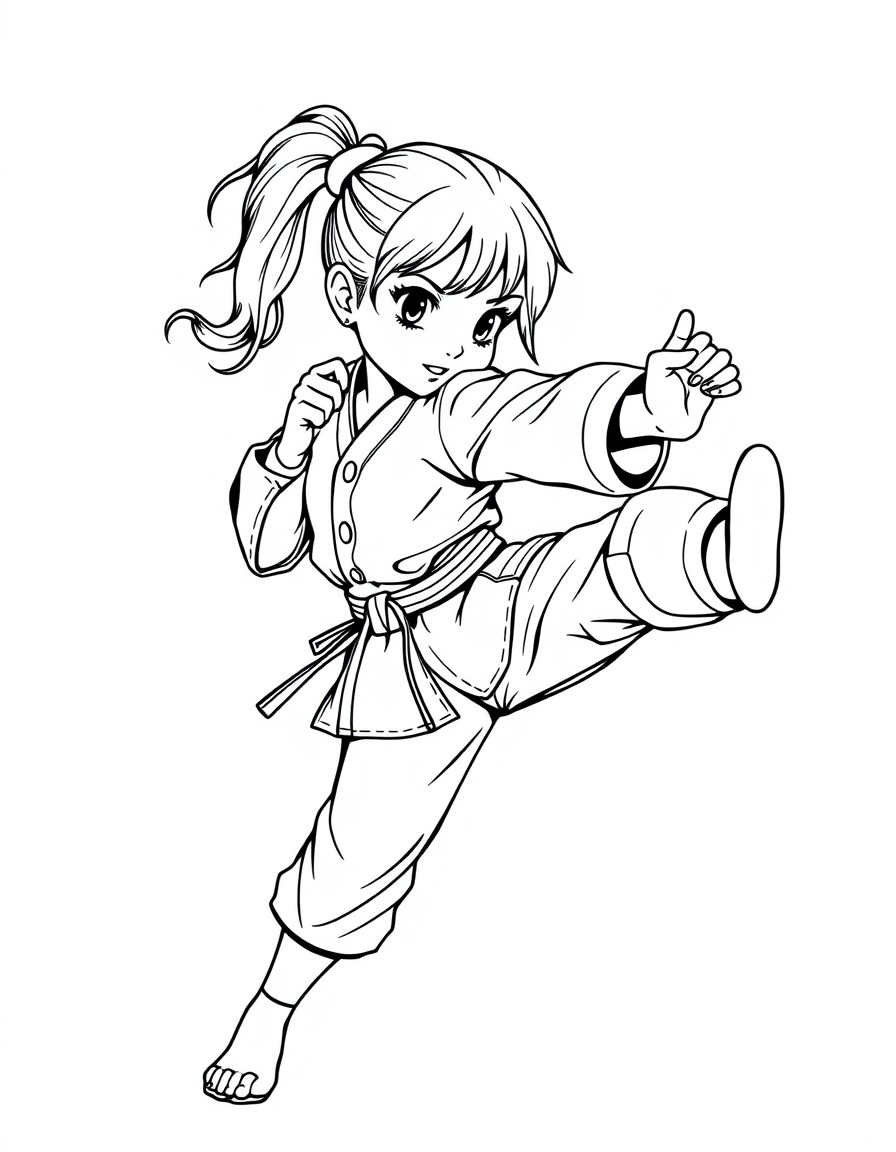 A girl in a martial arts uniform doing a roundhouse kick