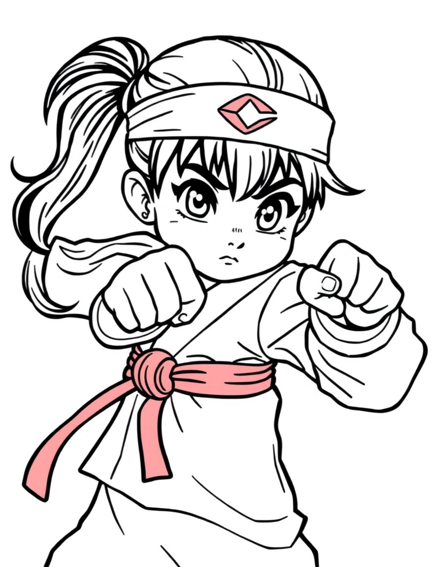 A girl in a martial arts uniform punching