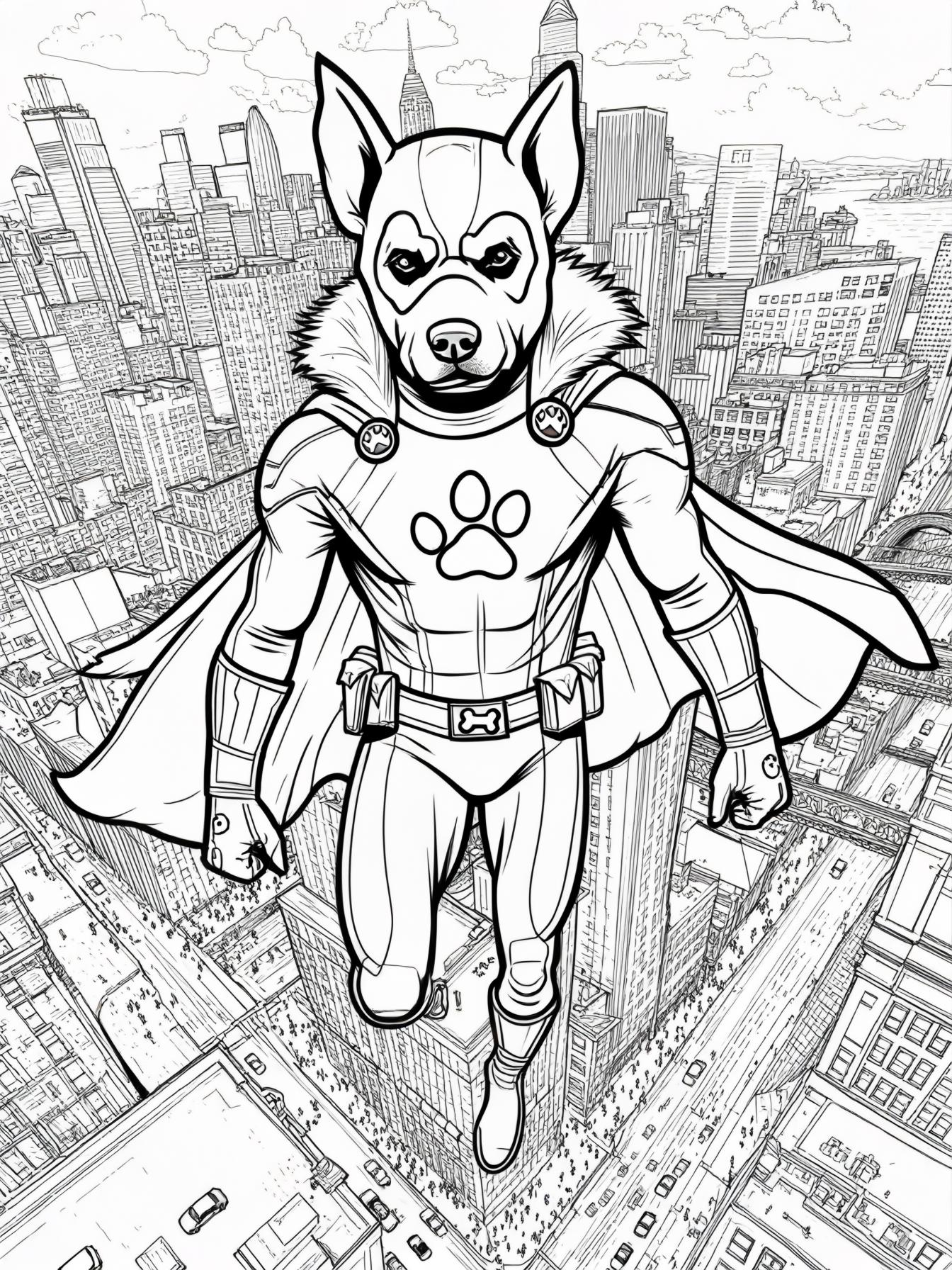 Paw Man flying over the city