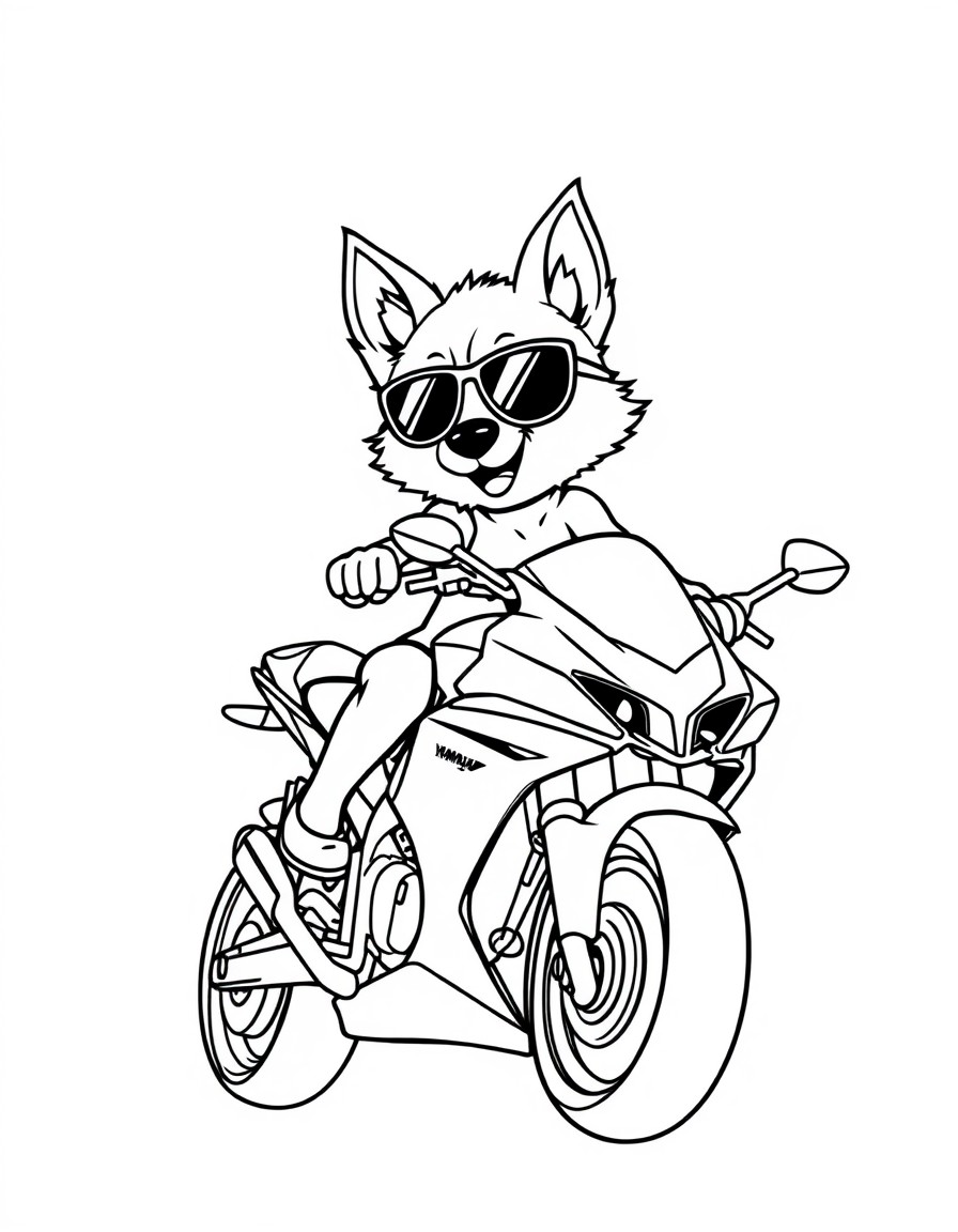 desenhe um cachorro spitz com um culos de sol pilotando uma yamaha r6 toda camuflada