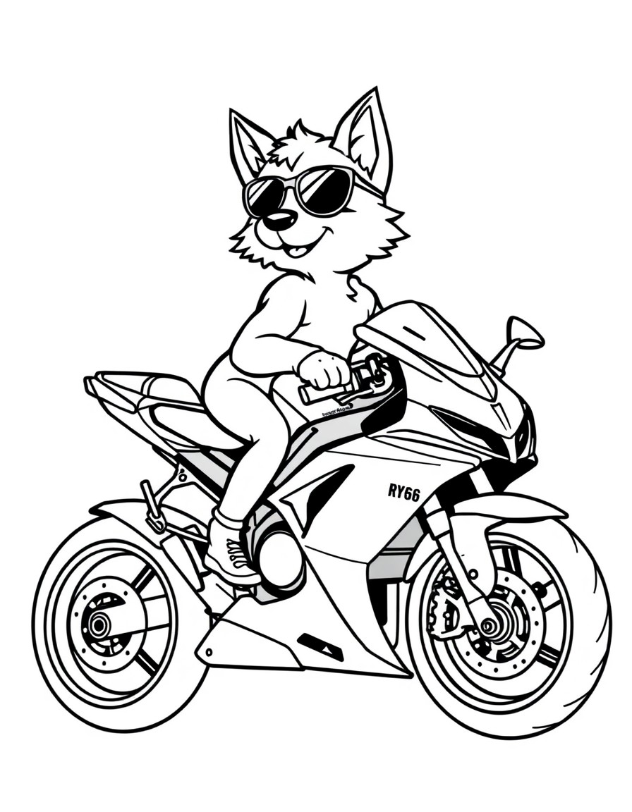 desenhe um cachorro spitz com um culos de sol pilotando uma yamaha r6 toda camuflada