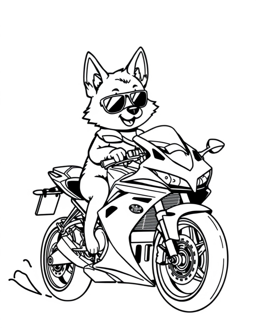 desenhe um cachorro spitz com um culos de sol pilotando uma yamaha r6 toda camuflada