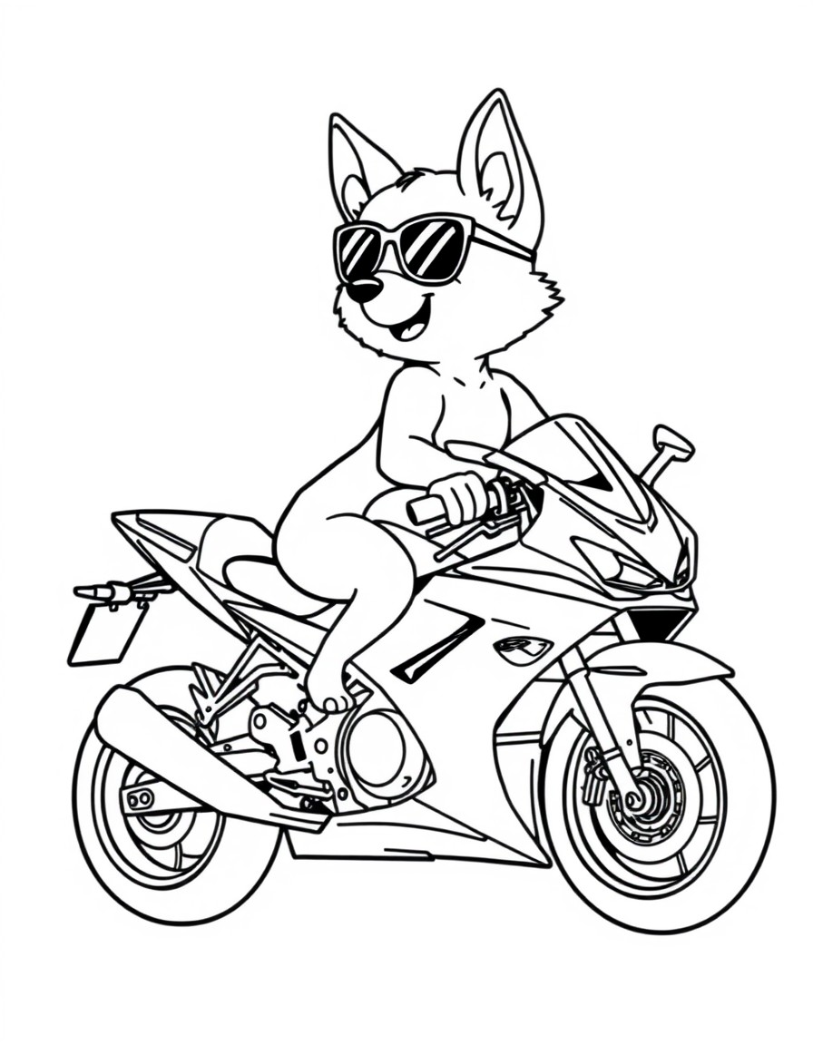 desenhe um cachorro spitz com um culos de sol pilotando uma yamaha r6 toda camuflada