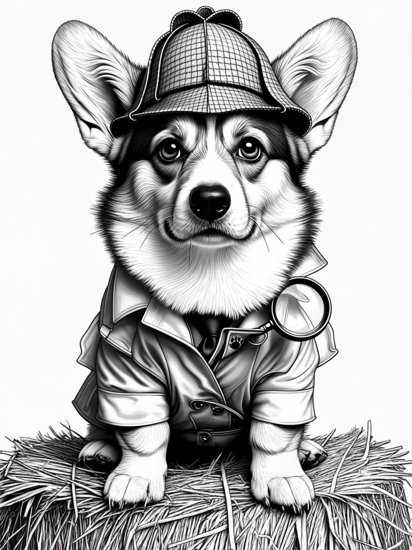 A Corgi sitting on a hay bale dressed up like a detective