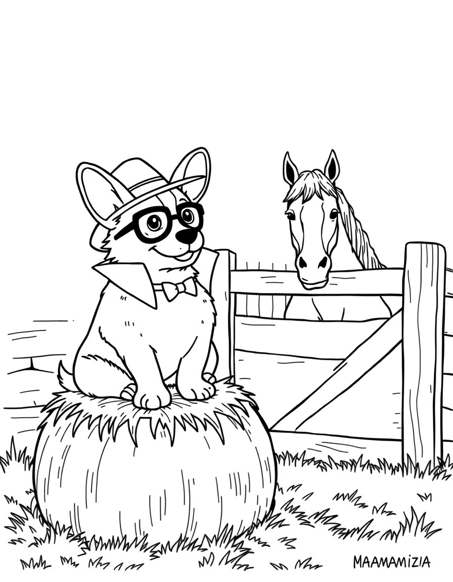 A corgi sitting on a hay bale dressed like a detective interrogating a horse in a box stall