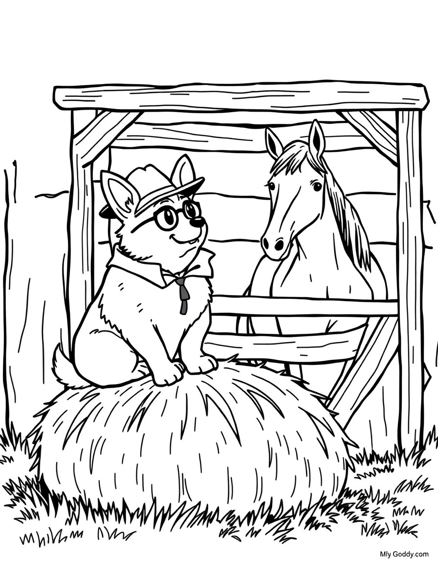 A corgi sitting on a hay bale dressed like a detective interrogating a horse in a box stall
