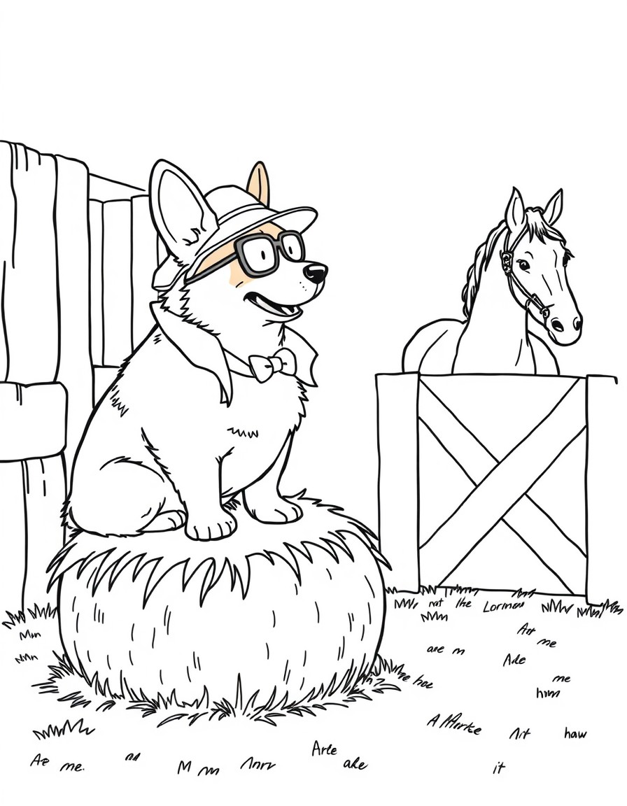 A corgi sitting on a hay bale dressed like a detective interrogating a horse in a box stall