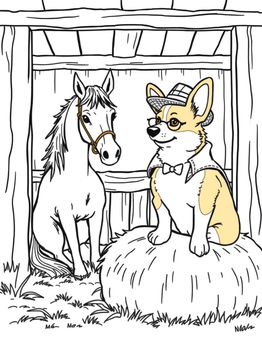A corgi sitting on a hay bale dressed like a detective interrogating a horse in a box stall