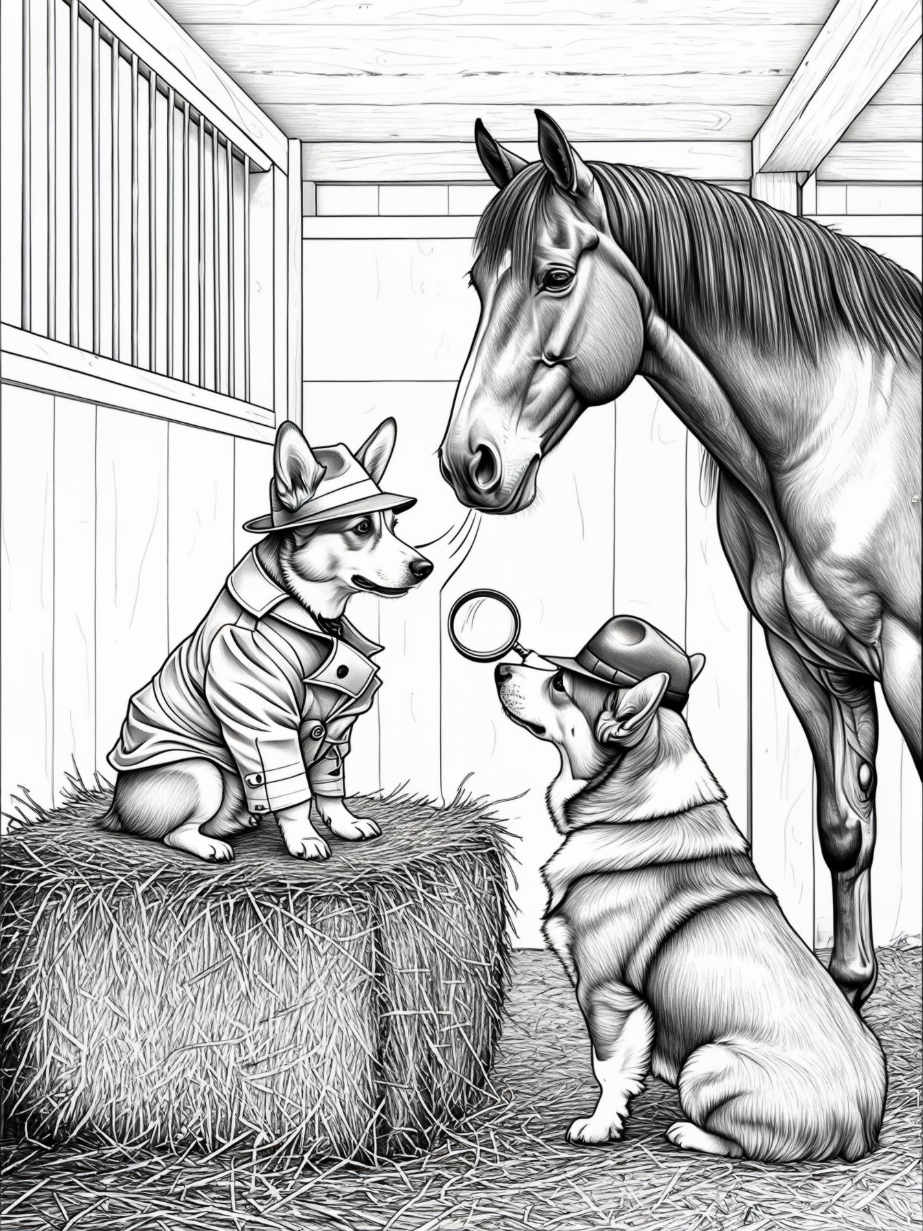 A corgi sitting on a hay bale dressed like a detective interrogating a horse in a box stall