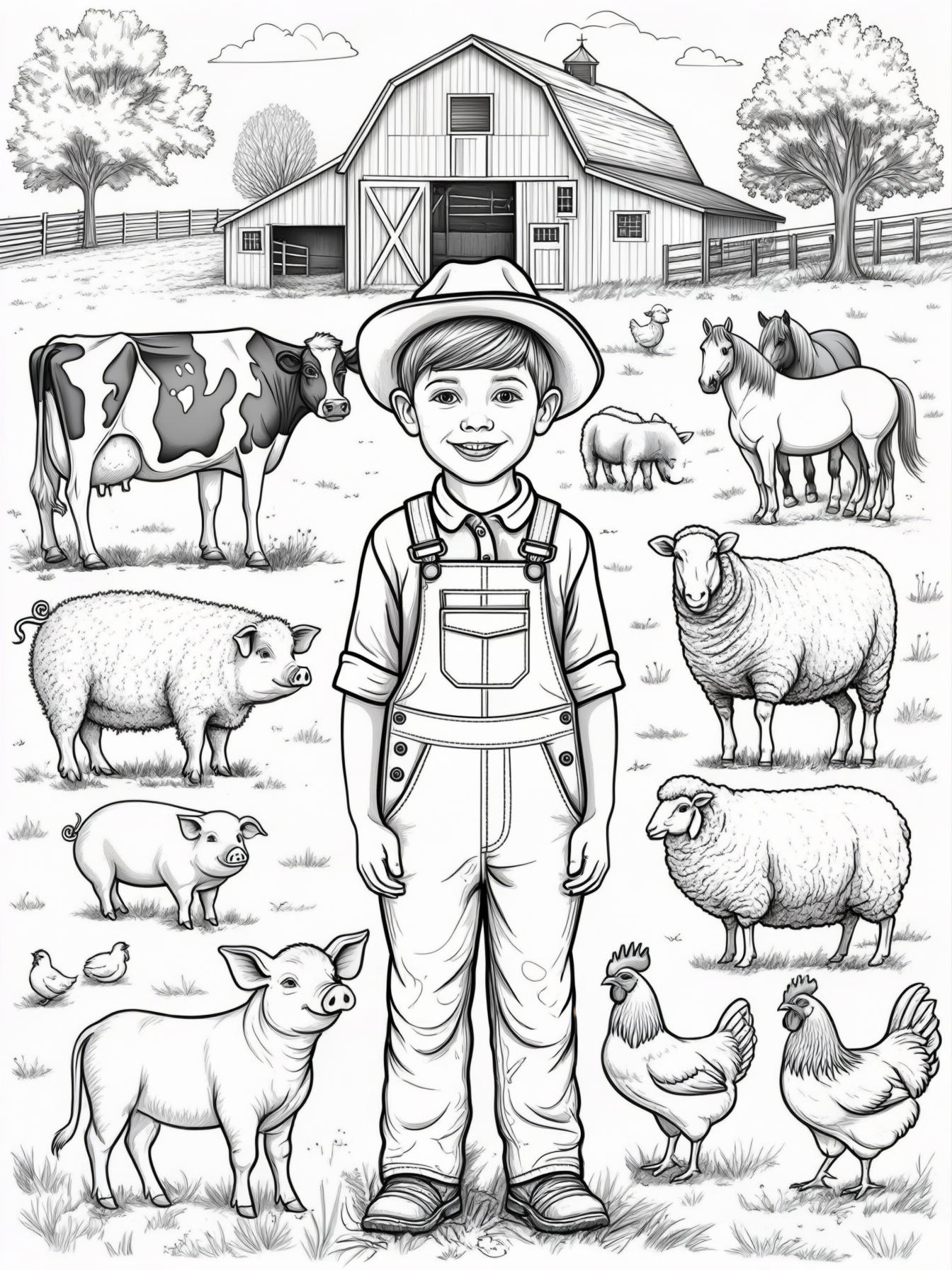 Boy on the farm with 10 farm animals.